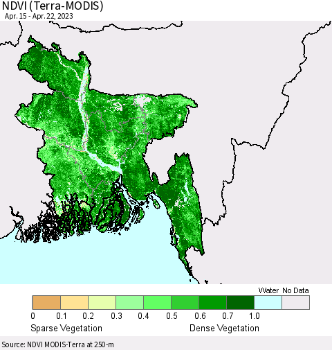 Bangladesh NDVI (Terra-MODIS) Thematic Map For 4/15/2023 - 4/22/2023