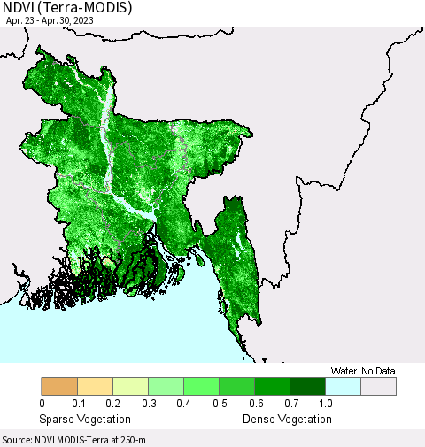 Bangladesh NDVI (Terra-MODIS) Thematic Map For 4/23/2023 - 4/30/2023