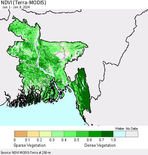 Bangladesh NDVI (Terra-MODIS) Thematic Map For 1/1/2024 - 1/8/2024