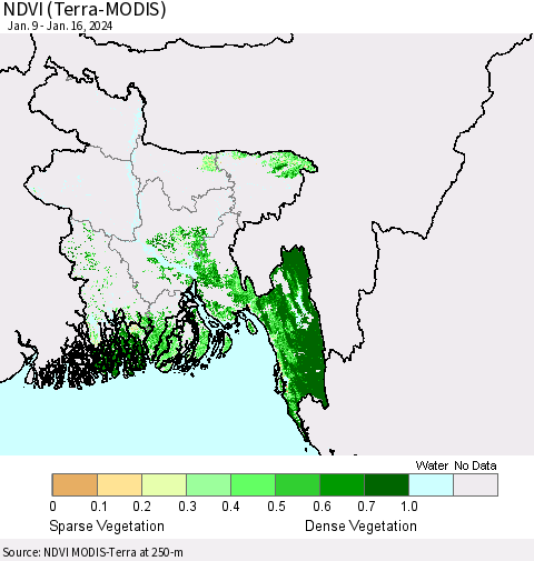Bangladesh NDVI (Terra-MODIS) Thematic Map For 1/9/2024 - 1/16/2024