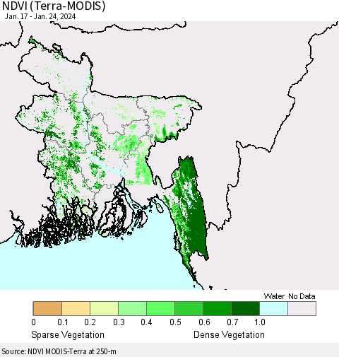 Bangladesh NDVI (Terra-MODIS) Thematic Map For 1/17/2024 - 1/24/2024