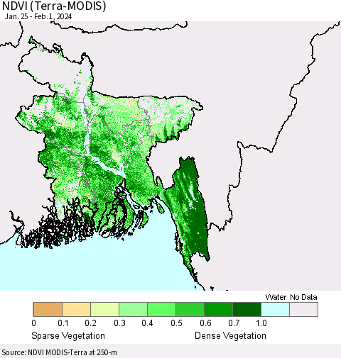 Bangladesh NDVI (Terra-MODIS) Thematic Map For 1/25/2024 - 2/1/2024