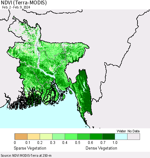 Bangladesh NDVI (Terra-MODIS) Thematic Map For 2/2/2024 - 2/9/2024