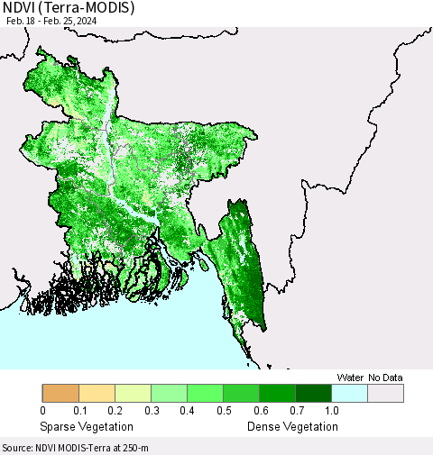 Bangladesh NDVI (Terra-MODIS) Thematic Map For 2/18/2024 - 2/25/2024