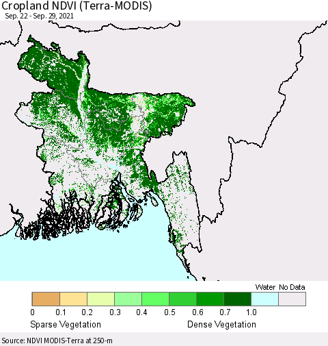 Bangladesh Cropland NDVI (Terra-MODIS) Thematic Map For 9/22/2021 - 9/29/2021
