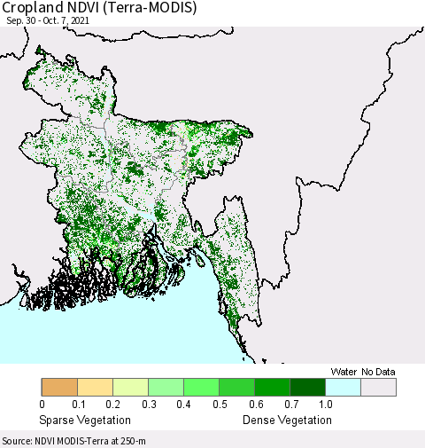 Bangladesh Cropland NDVI (Terra-MODIS) Thematic Map For 9/30/2021 - 10/7/2021