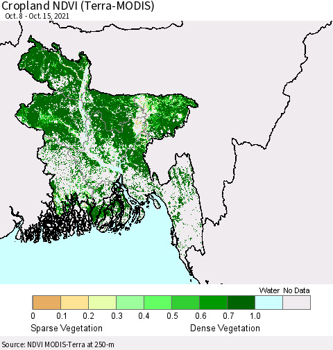 Bangladesh Cropland NDVI (Terra-MODIS) Thematic Map For 10/8/2021 - 10/15/2021