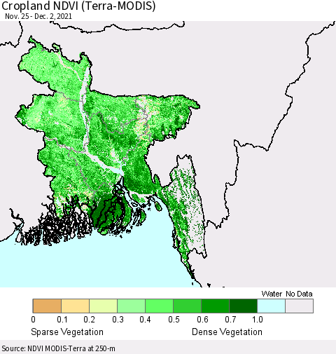 Bangladesh Cropland NDVI (Terra-MODIS) Thematic Map For 11/25/2021 - 12/2/2021