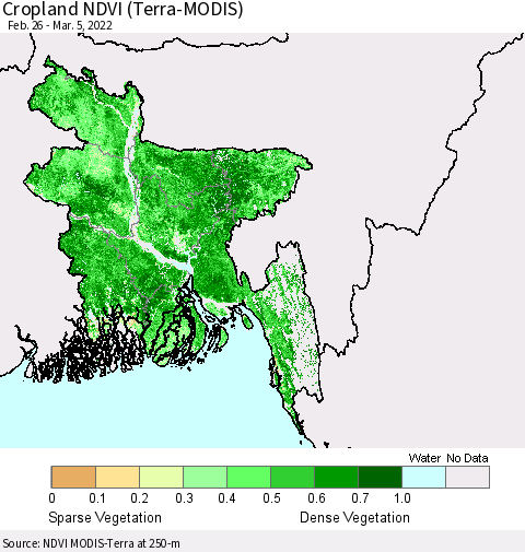 Bangladesh Cropland NDVI (Terra-MODIS) Thematic Map For 2/26/2022 - 3/5/2022