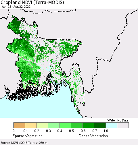 Bangladesh Cropland NDVI (Terra-MODIS) Thematic Map For 4/15/2022 - 4/22/2022