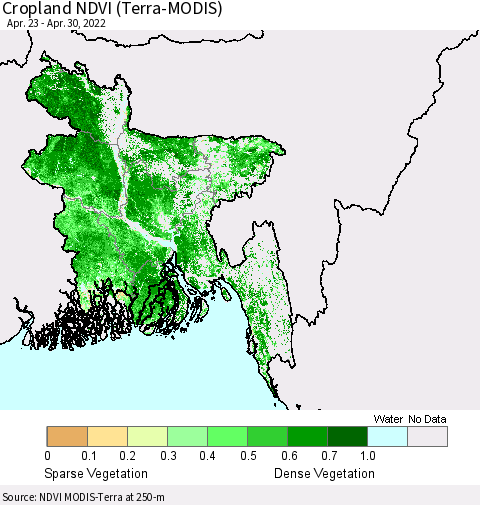 Bangladesh Cropland NDVI (Terra-MODIS) Thematic Map For 4/23/2022 - 4/30/2022
