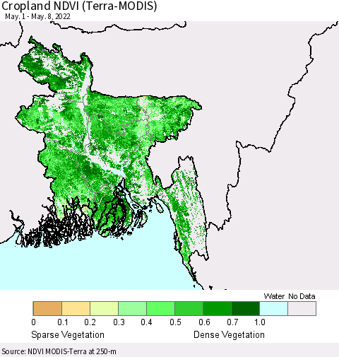 Bangladesh Cropland NDVI (Terra-MODIS) Thematic Map For 5/1/2022 - 5/8/2022
