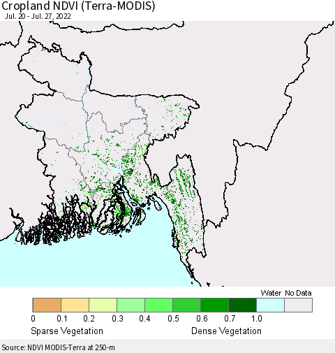 Bangladesh Cropland NDVI (Terra-MODIS) Thematic Map For 7/20/2022 - 7/27/2022