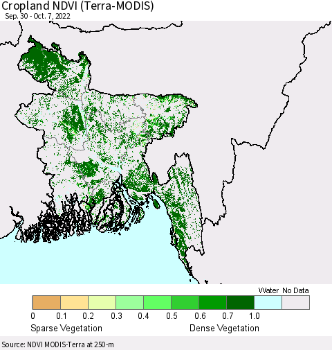 Bangladesh Cropland NDVI (Terra-MODIS) Thematic Map For 9/30/2022 - 10/7/2022