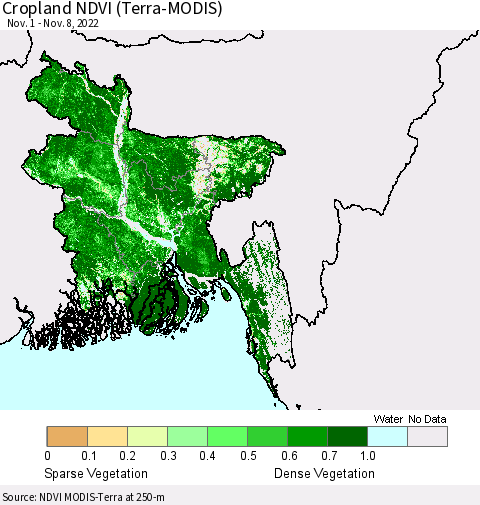 Bangladesh Cropland NDVI (Terra-MODIS) Thematic Map For 11/1/2022 - 11/8/2022