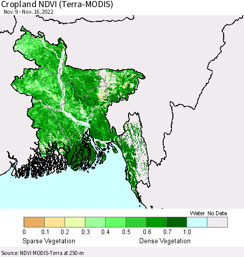 Bangladesh Cropland NDVI (Terra-MODIS) Thematic Map For 11/9/2022 - 11/16/2022