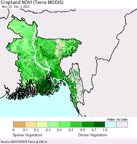 Bangladesh Cropland NDVI (Terra-MODIS) Thematic Map For 11/25/2022 - 12/2/2022