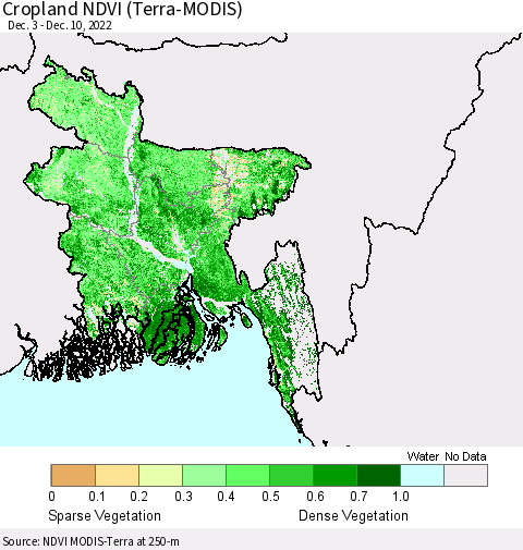 Bangladesh Cropland NDVI (Terra-MODIS) Thematic Map For 12/3/2022 - 12/10/2022