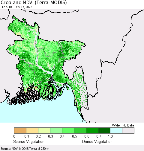 Bangladesh Cropland NDVI (Terra-MODIS) Thematic Map For 2/10/2023 - 2/17/2023