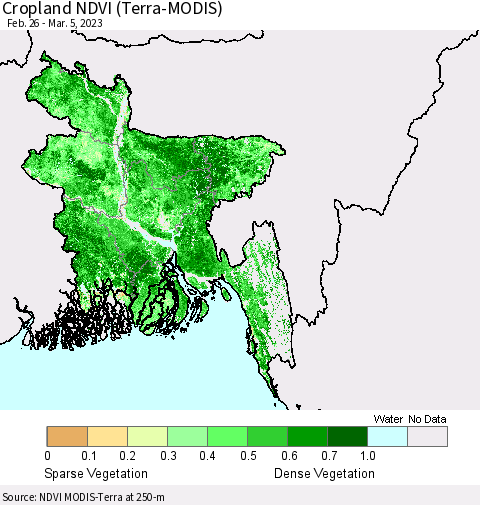 Bangladesh Cropland NDVI (Terra-MODIS) Thematic Map For 2/26/2023 - 3/5/2023