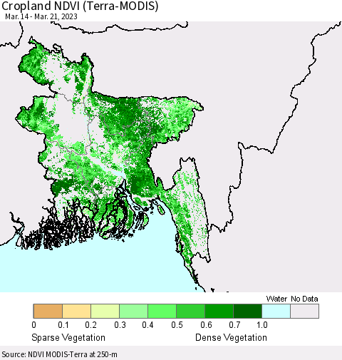 Bangladesh Cropland NDVI (Terra-MODIS) Thematic Map For 3/14/2023 - 3/21/2023