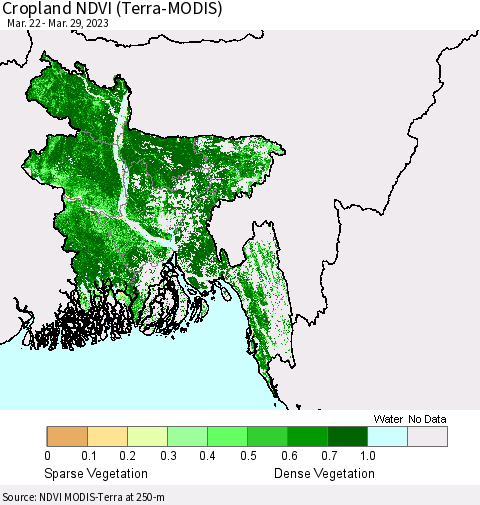 Bangladesh Cropland NDVI (Terra-MODIS) Thematic Map For 3/22/2023 - 3/29/2023