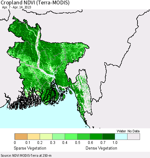 Bangladesh Cropland NDVI (Terra-MODIS) Thematic Map For 4/7/2023 - 4/14/2023