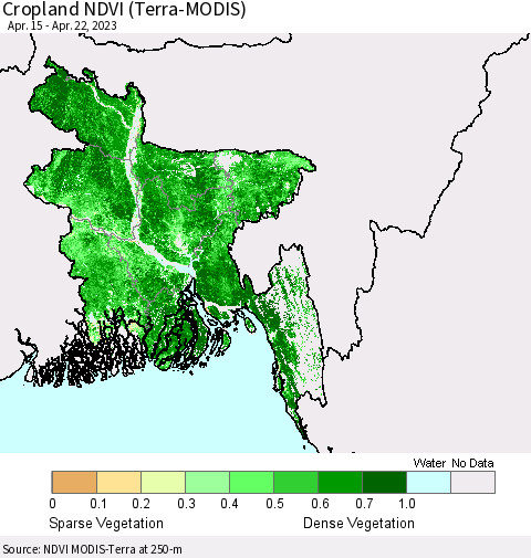 Bangladesh Cropland NDVI (Terra-MODIS) Thematic Map For 4/15/2023 - 4/22/2023