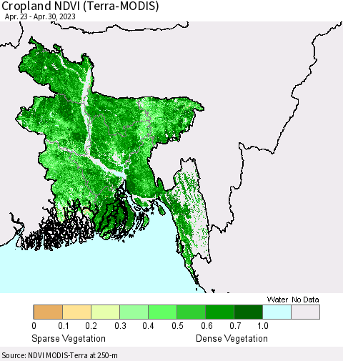 Bangladesh Cropland NDVI (Terra-MODIS) Thematic Map For 4/23/2023 - 4/30/2023