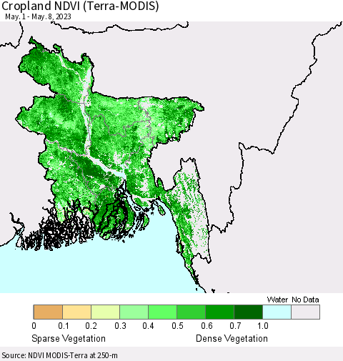 Bangladesh Cropland NDVI (Terra-MODIS) Thematic Map For 5/1/2023 - 5/8/2023