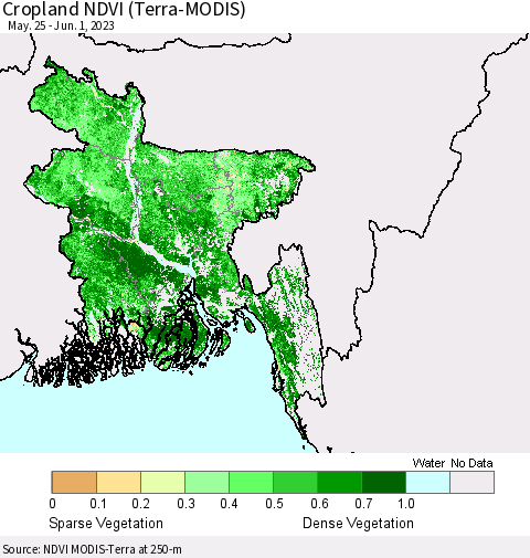Bangladesh Cropland NDVI (Terra-MODIS) Thematic Map For 5/25/2023 - 6/1/2023