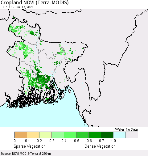 Bangladesh Cropland NDVI (Terra-MODIS) Thematic Map For 6/10/2023 - 6/17/2023