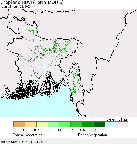 Bangladesh Cropland NDVI (Terra-MODIS) Thematic Map For 6/18/2023 - 6/25/2023