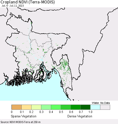 Bangladesh Cropland NDVI (Terra-MODIS) Thematic Map For 7/4/2023 - 7/11/2023