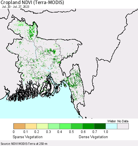 Bangladesh Cropland NDVI (Terra-MODIS) Thematic Map For 7/20/2023 - 7/27/2023
