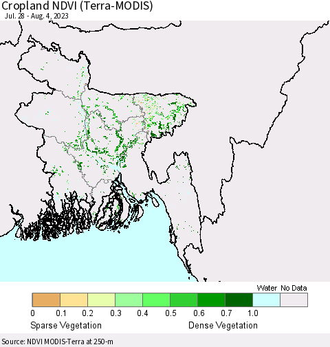 Bangladesh Cropland NDVI (Terra-MODIS) Thematic Map For 7/28/2023 - 8/4/2023