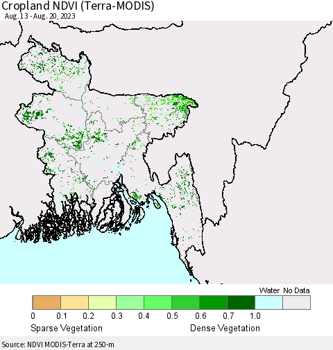Bangladesh Cropland NDVI (Terra-MODIS) Thematic Map For 8/13/2023 - 8/20/2023