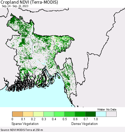 Bangladesh Cropland NDVI (Terra-MODIS) Thematic Map For 9/14/2023 - 9/21/2023