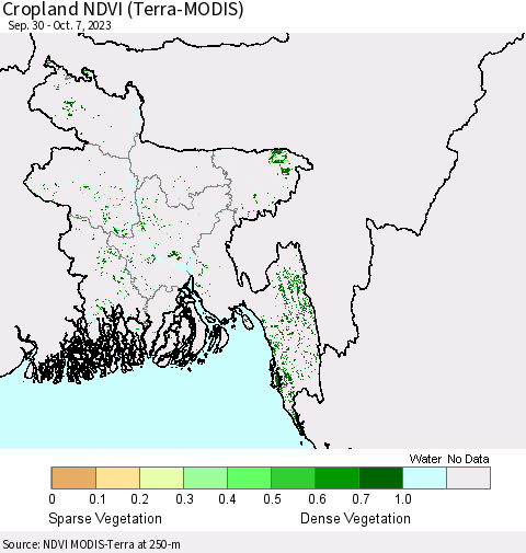 Bangladesh Cropland NDVI (Terra-MODIS) Thematic Map For 9/30/2023 - 10/7/2023