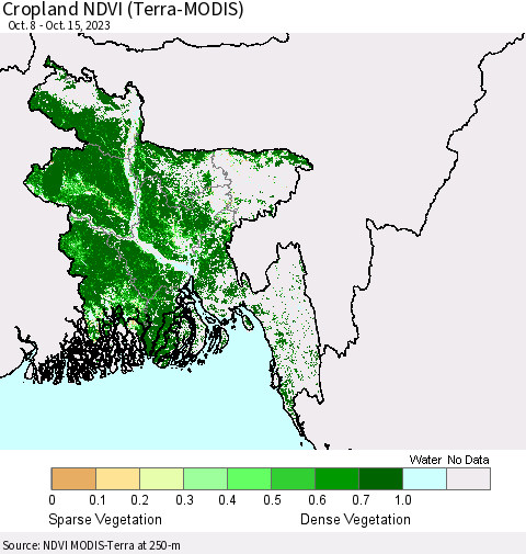 Bangladesh Cropland NDVI (Terra-MODIS) Thematic Map For 10/8/2023 - 10/15/2023