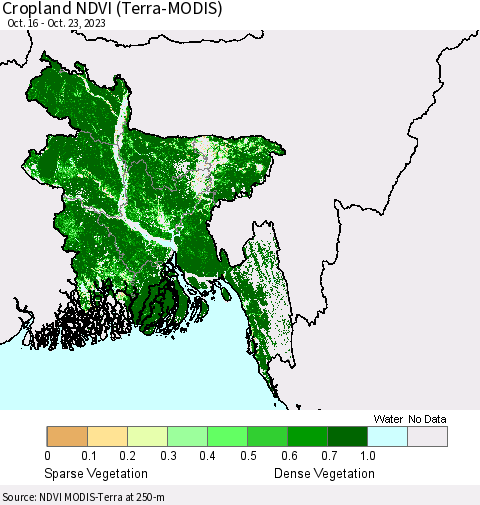 Bangladesh Cropland NDVI (Terra-MODIS) Thematic Map For 10/16/2023 - 10/23/2023