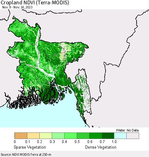 Bangladesh Cropland NDVI (Terra-MODIS) Thematic Map For 11/9/2023 - 11/16/2023