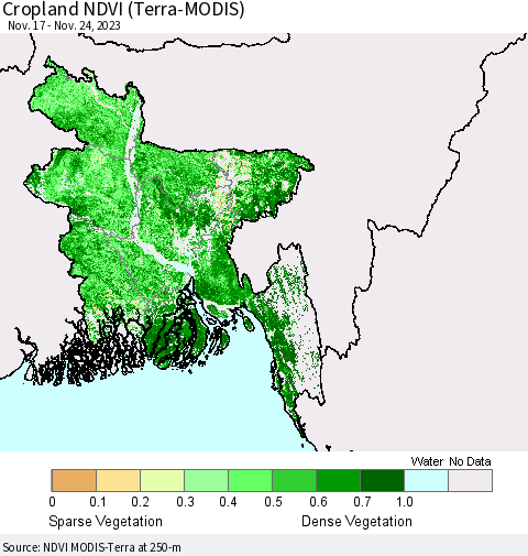 Bangladesh Cropland NDVI (Terra-MODIS) Thematic Map For 11/17/2023 - 11/24/2023