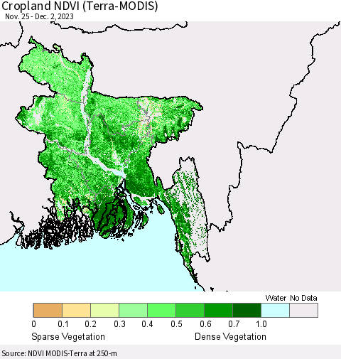 Bangladesh Cropland NDVI (Terra-MODIS) Thematic Map For 11/25/2023 - 12/2/2023