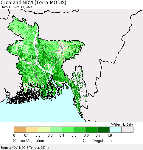 Bangladesh Cropland NDVI (Terra-MODIS) Thematic Map For 12/11/2023 - 12/18/2023