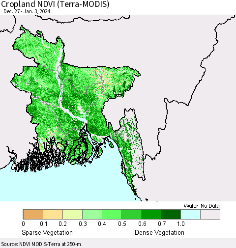Bangladesh Cropland NDVI (Terra-MODIS) Thematic Map For 12/27/2023 - 1/3/2024