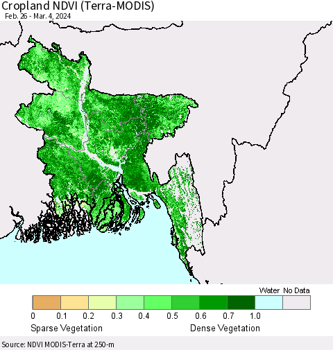 Bangladesh Cropland NDVI (Terra-MODIS) Thematic Map For 2/26/2024 - 3/4/2024