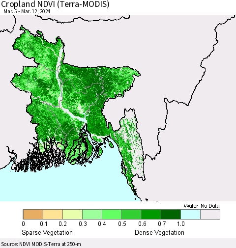 Bangladesh Cropland NDVI (Terra-MODIS) Thematic Map For 3/5/2024 - 3/12/2024