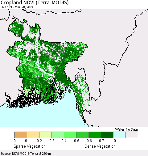 Bangladesh Cropland NDVI (Terra-MODIS) Thematic Map For 3/21/2024 - 3/28/2024