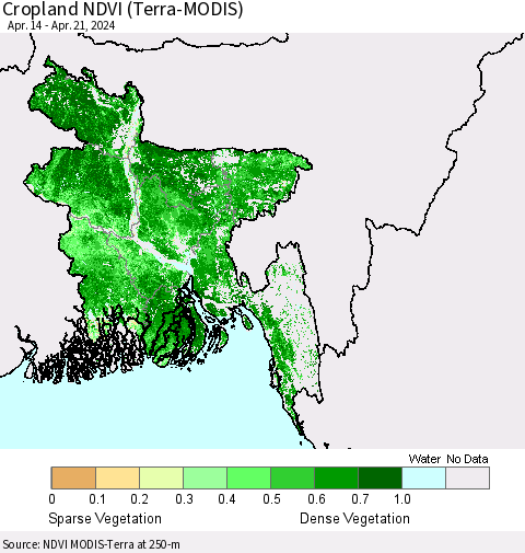 Bangladesh Cropland NDVI (Terra-MODIS) Thematic Map For 4/14/2024 - 4/21/2024